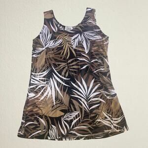 Vintage brown tropical leaf mini tank dress with side slits, Jostar